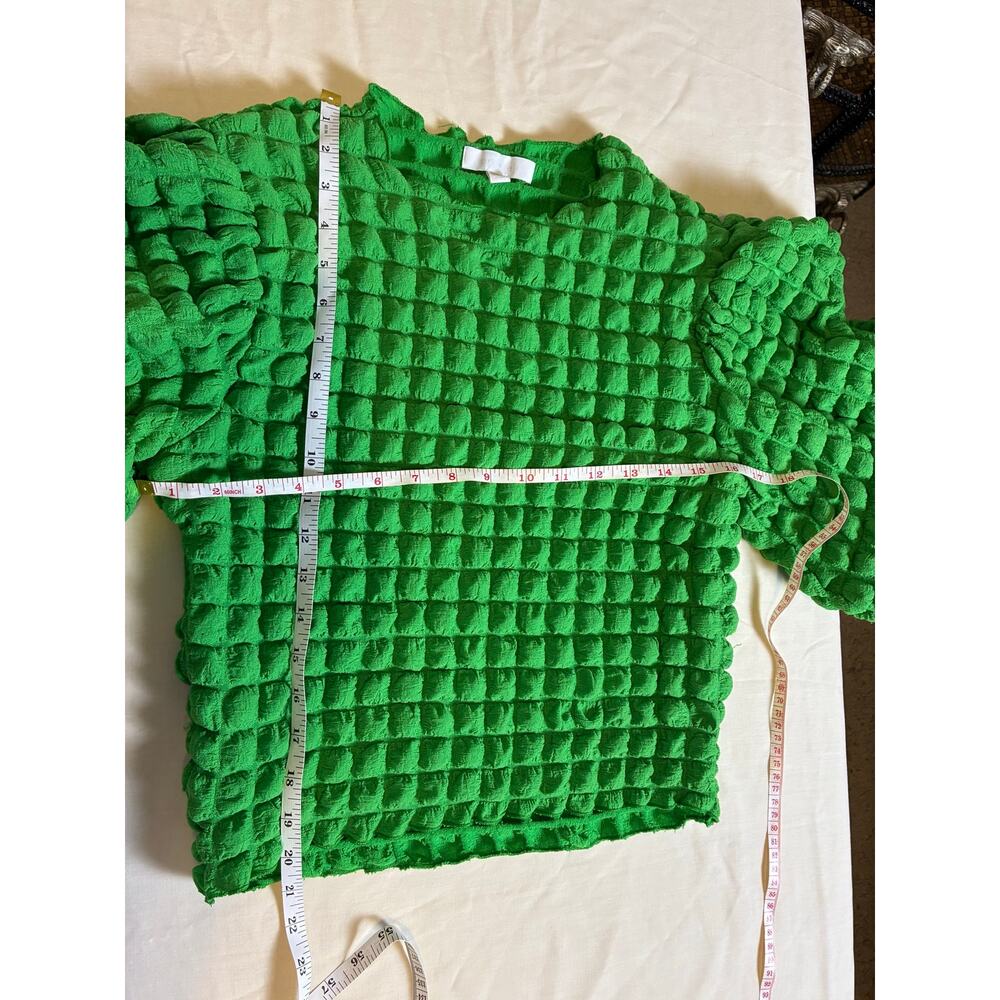eri + ali Green Textured Puff Sleeve Top Smocked Stretch Blouse Boho Size M
